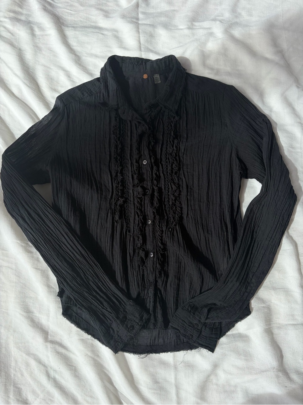 Free People Confetti Button Down Black Ruffle Raw Edge Shirt M